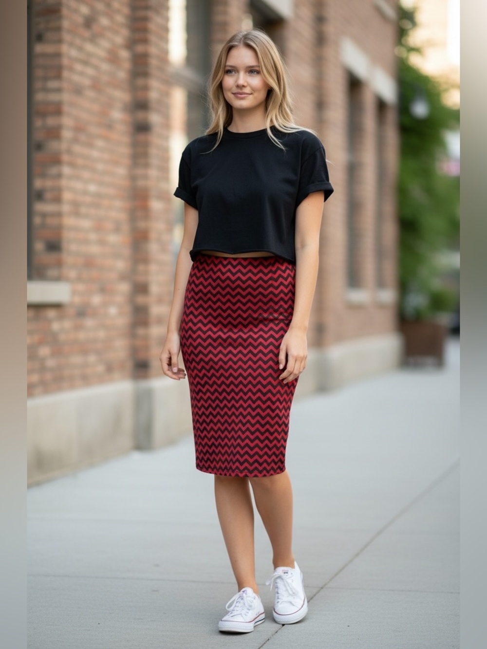 LuLaRoe Black & Red Chevron Midi Skirt